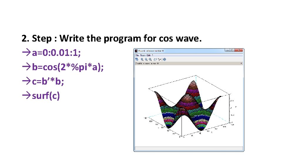 2. Step : Write the program for cos wave. àa=0: 0. 01: 1; àb=cos(2*%pi*a);