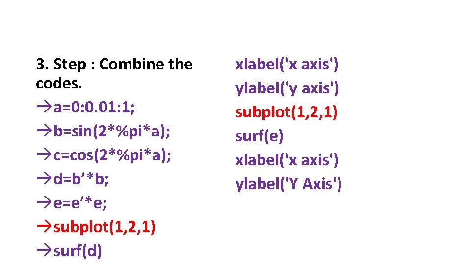 3. Step : Combine the codes. àa=0: 0. 01: 1; àb=sin(2*%pi*a); àc=cos(2*%pi*a); àd=b’*b; àe=e’*e;