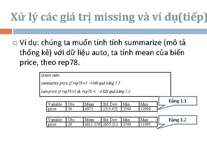 Xử lý các giá trị missing và ví dụ(tiếp) Ví dụ: chúng ta muốn
