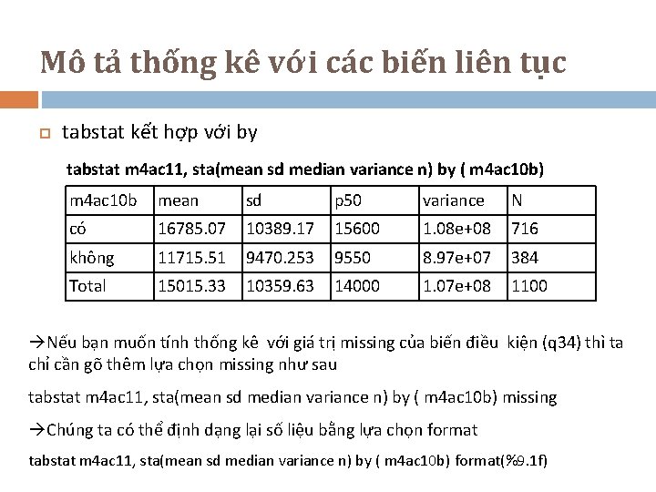 Mô tả thống kê với các biến liên tục tabstat kết hợp với by