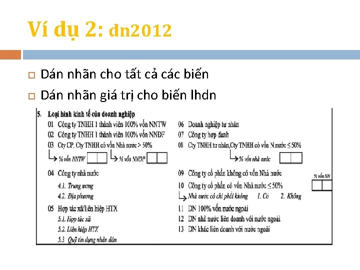 Ví dụ 2: dn 2012 Dán nhãn cho tất cả các biến Dán nhãn