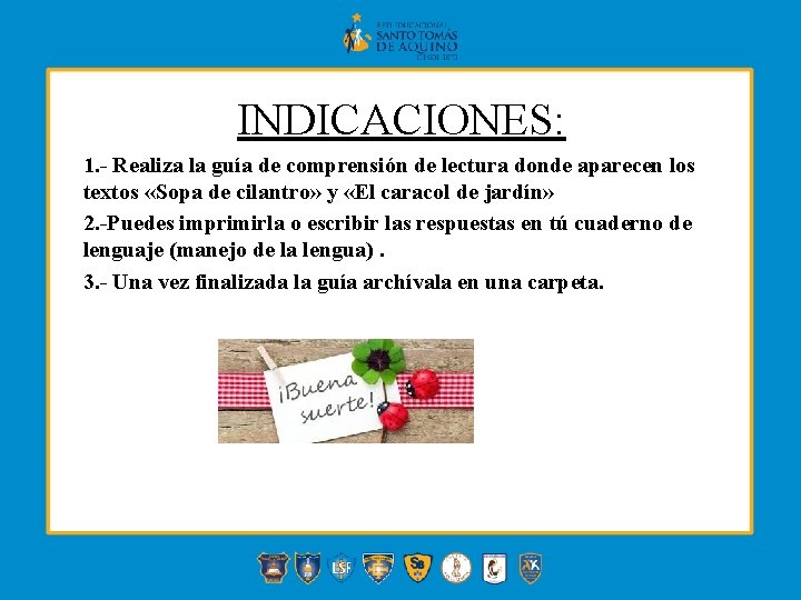 INDICACIONES: 1. - Realiza la guía de comprensión de lectura donde aparecen los textos