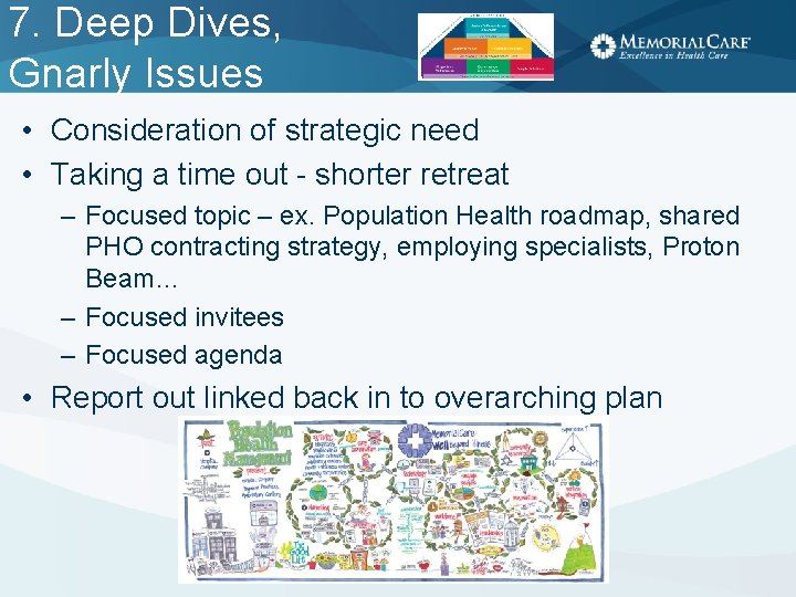 7. Deep Dives, Gnarly Issues • Consideration of strategic need • Taking a time