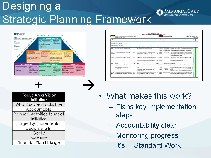 Designing a Strategic Planning Framework + • What makes this work? – Plans key