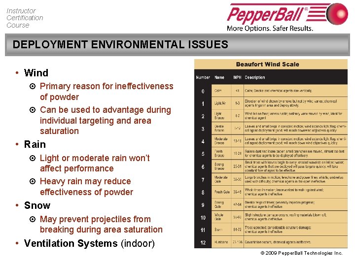 Instructor Certification Course DEPLOYMENT ENVIRONMENTAL ISSUES • Wind ¤ Primary reason for ineffectiveness of