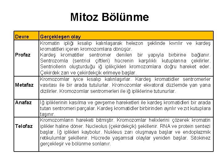 Mitoz Bölünme Devre Profaz Metafaz Anafaz Telofaz Gerçekleşen olay Kromatin ipliği kısalıp kalınlaşarak helezon