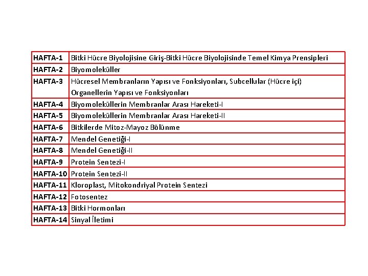 HAFTA-1 Bitki Hücre Biyolojisine Giriş-Bitki Hücre Biyolojisinde Temel Kimya Prensipleri HAFTA-2 Biyomoleküller HAFTA-3 Hücresel