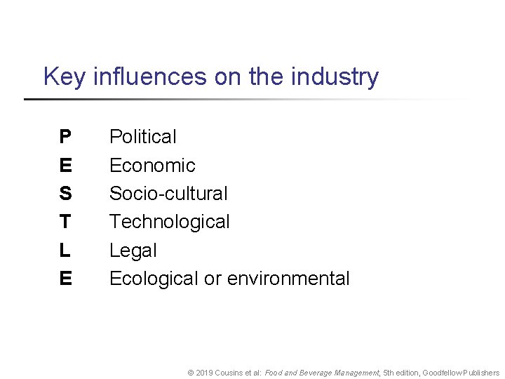 Key influences on the industry P E S T L E Political Economic Socio-cultural