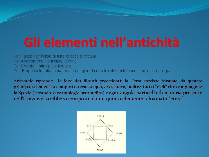 Gli elementi nell’antichità Per Talete il principio di tutte le cose è l’acqua Per