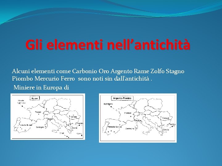 Gli elementi nell’antichità Alcuni elementi come Carbonio Oro Argento Rame Zolfo Stagno Piombo Mercurio