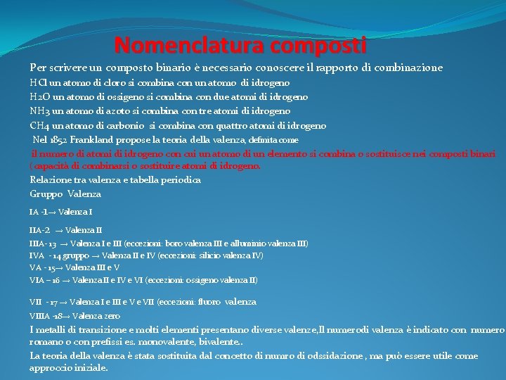 Nomenclatura composti Per scrivere un composto binario è necessario conoscere il rapporto di combinazione