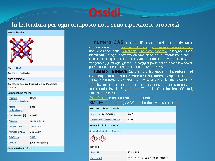 Ossidi In letteratura per ogni composto noto sono riportate le proprietà Il numero CAS