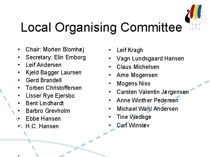 Local Organising Committee • • • Chair: Morten Blomhøj Secretary: Elin Emborg Leif Andersen