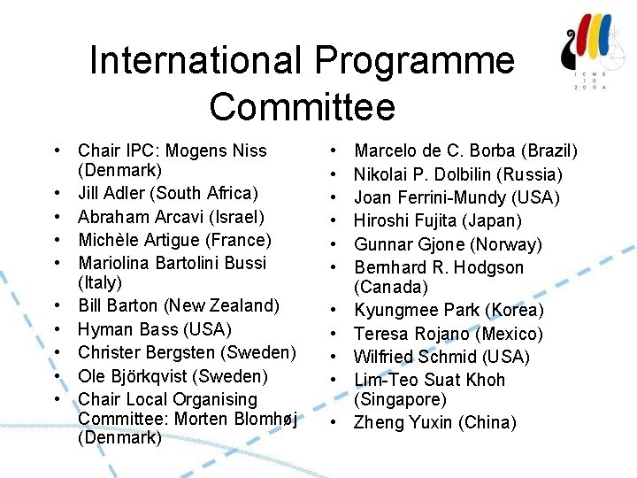 International Programme Committee • Chair IPC: Mogens Niss (Denmark) • Jill Adler (South Africa)