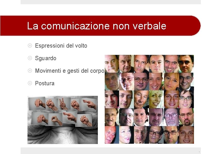 La comunicazione non verbale Espressioni del volto Sguardo Movimenti e gesti del corpo Postura