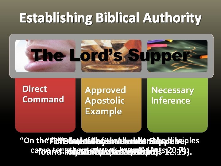 Establishing Biblical Authority The Lord’s Supper Direct Command Approved Apostolic Example Necessary Inference “On