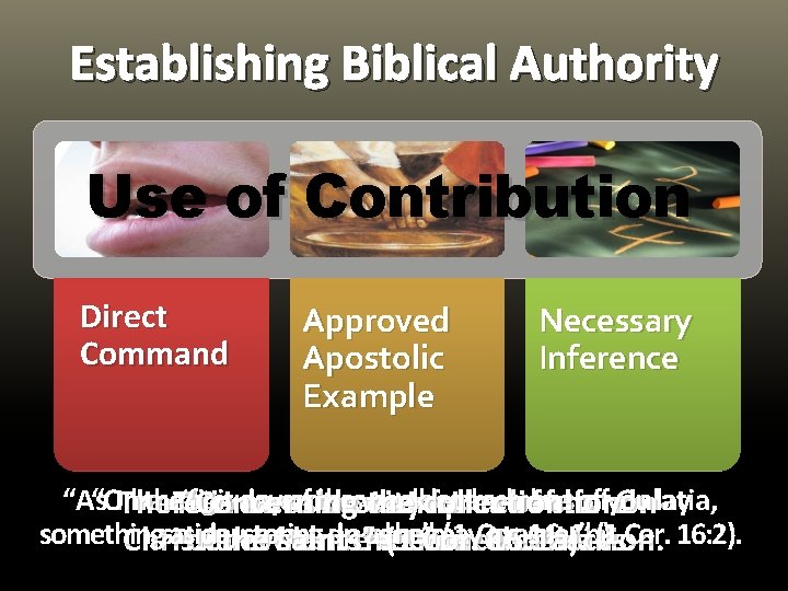 Establishing Biblical Authority Use of Contribution Direct Command Approved Apostolic Example Necessary Inference “As