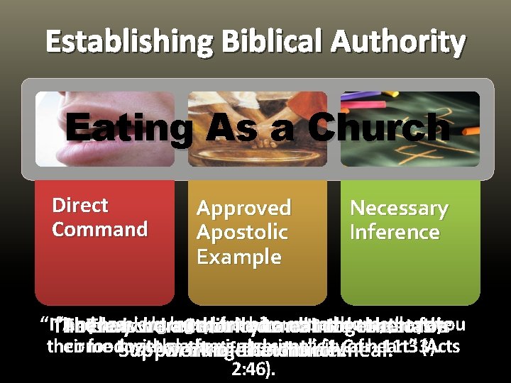 Establishing Biblical Authority Eating As a Church Direct Command Approved Apostolic Example Necessary Inference