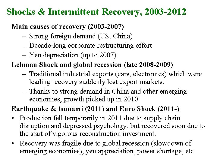 Shocks & Intermittent Recovery, 2003 -2012 Main causes of recovery (2003 -2007) – Strong