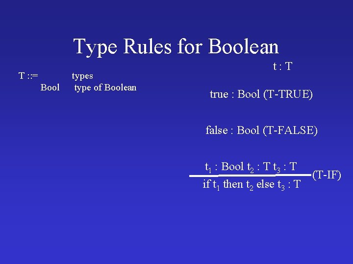 Type Rules for Boolean T : : = Bool types type of Boolean t: Type Rules for Boolean T : : = Bool types type of Boolean t: