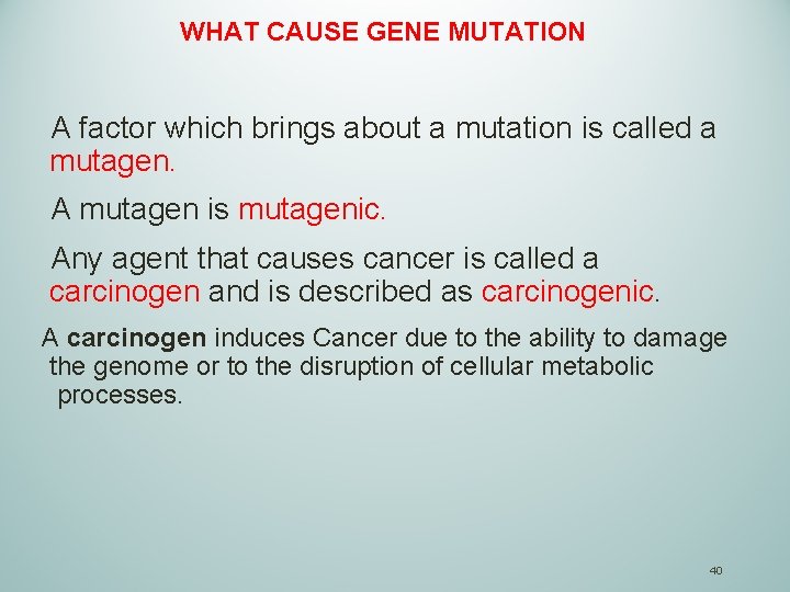 WHAT CAUSE GENE MUTATION A factor which brings about a mutation is called a