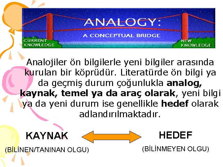 Analojiler ön bilgilerle yeni bilgiler arasında kurulan bir köprüdür. Literatürde ön bilgi ya da