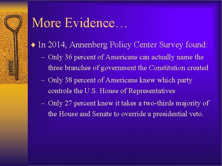 More Evidence… ¨ In 2014, Annenberg Policy Center Survey found: – Only 36 percent