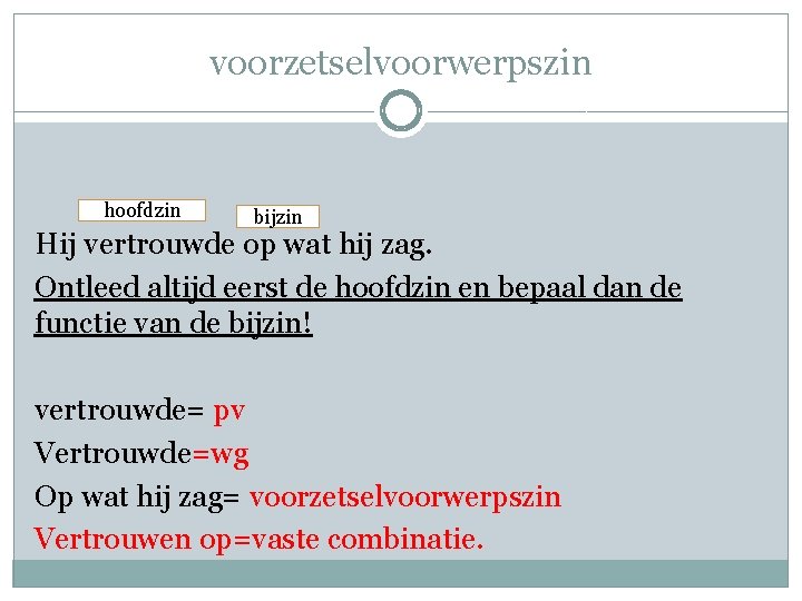 voorzetselvoorwerpszin hoofdzin bijzin Hij vertrouwde op wat hij zag. Ontleed altijd eerst de hoofdzin