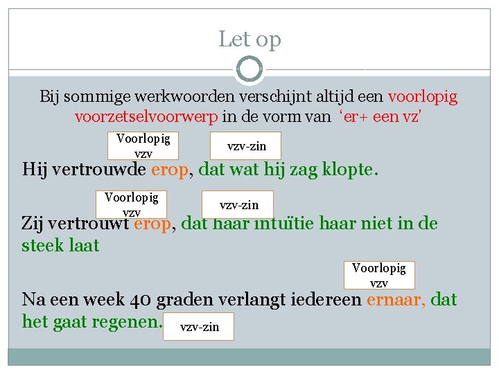 Let op Bij sommige werkwoorden verschijnt altijd een voorlopig voorzetselvoorwerp in de vorm van