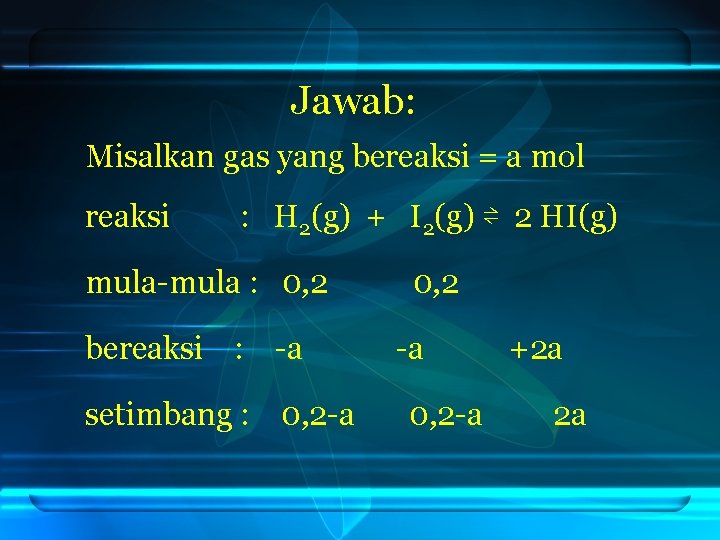 Jawab: Misalkan gas yang bereaksi = a mol reaksi : H 2(g) + I