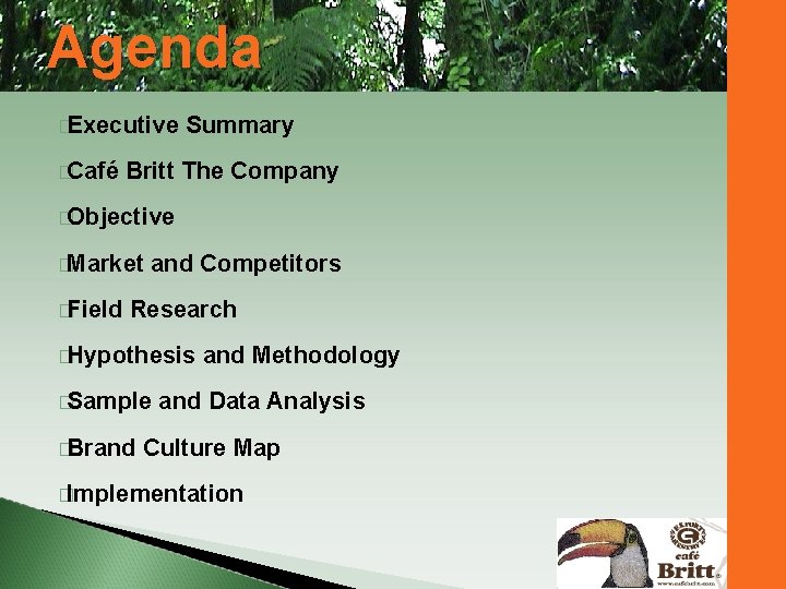 Agenda �Executive �Café Summary Britt The Company �Objective �Market �Field and Competitors Research �Hypothesis