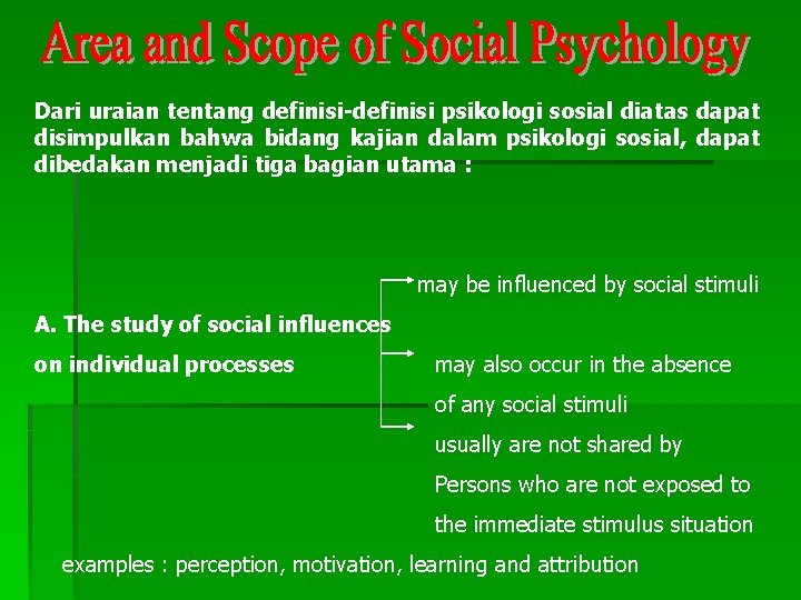 Dari uraian tentang definisi-definisi psikologi sosial diatas dapat disimpulkan bahwa bidang kajian dalam psikologi