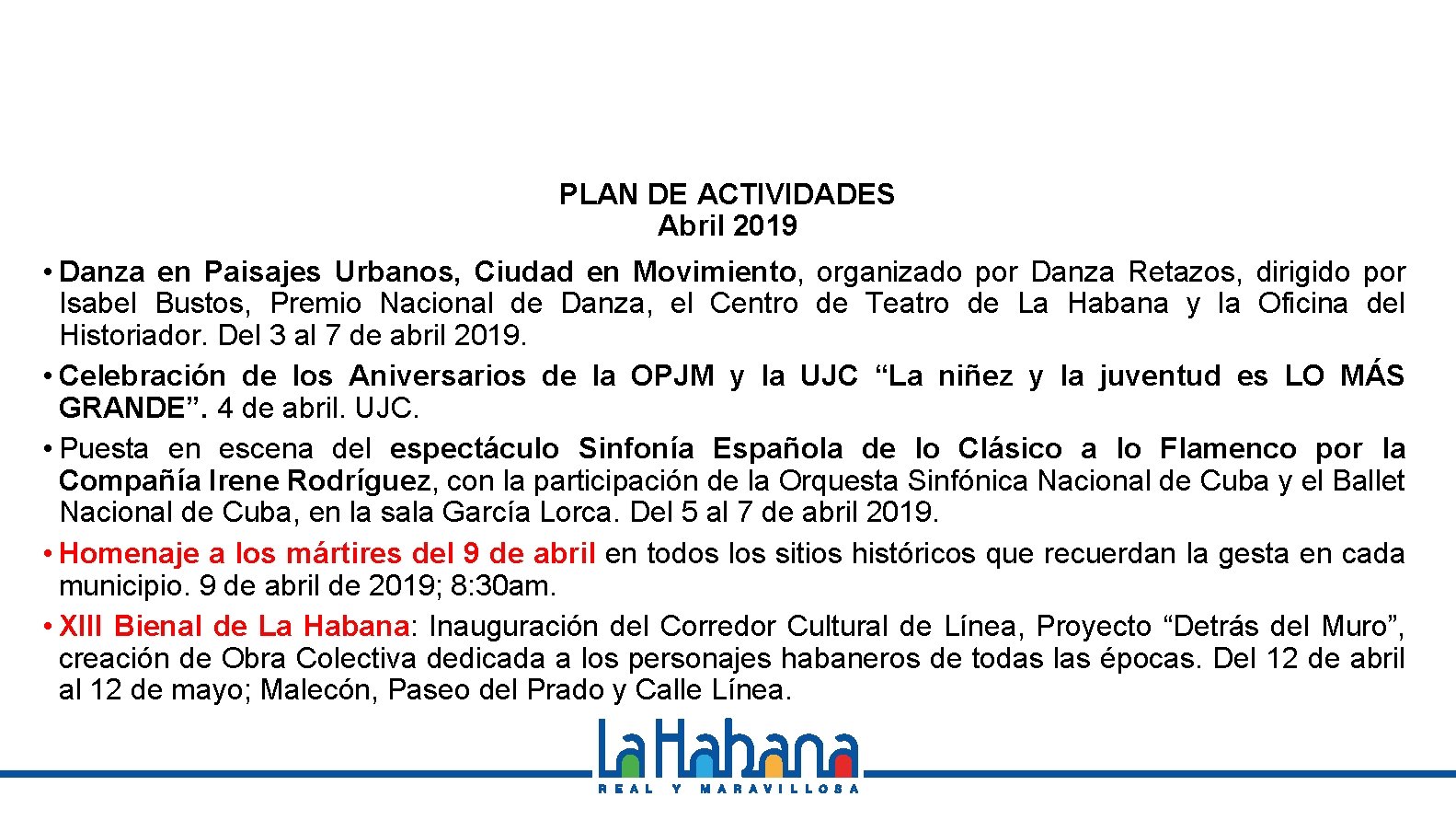 PLAN DE ACTIVIDADES Abril 2019 • Danza en Paisajes Urbanos, Ciudad en Movimiento, organizado