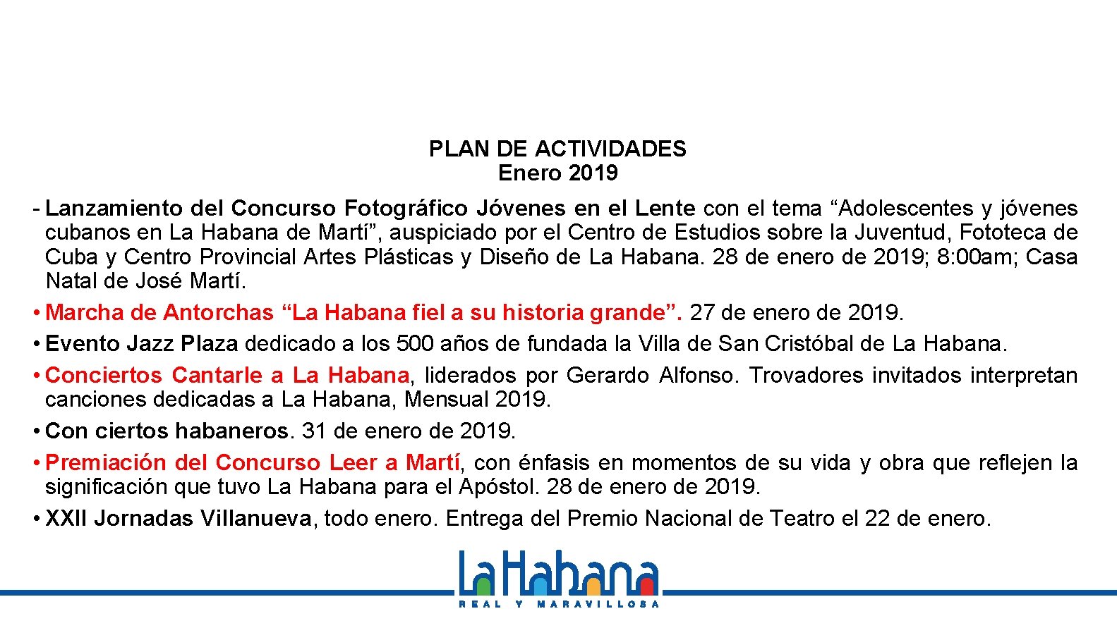 PLAN DE ACTIVIDADES Enero 2019 - Lanzamiento del Concurso Fotográfico Jóvenes en el Lente