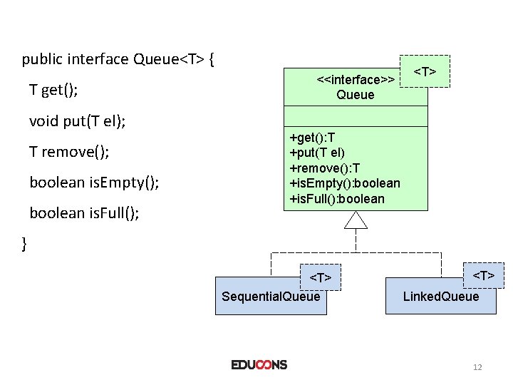 public interface Queue<T> { T get(); void put(T el); T remove(); boolean is. Empty();