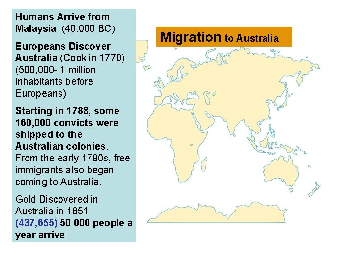 Humans Arrive from Malaysia (40, 000 BC) Europeans Discover Australia (Cook in 1770) (500,