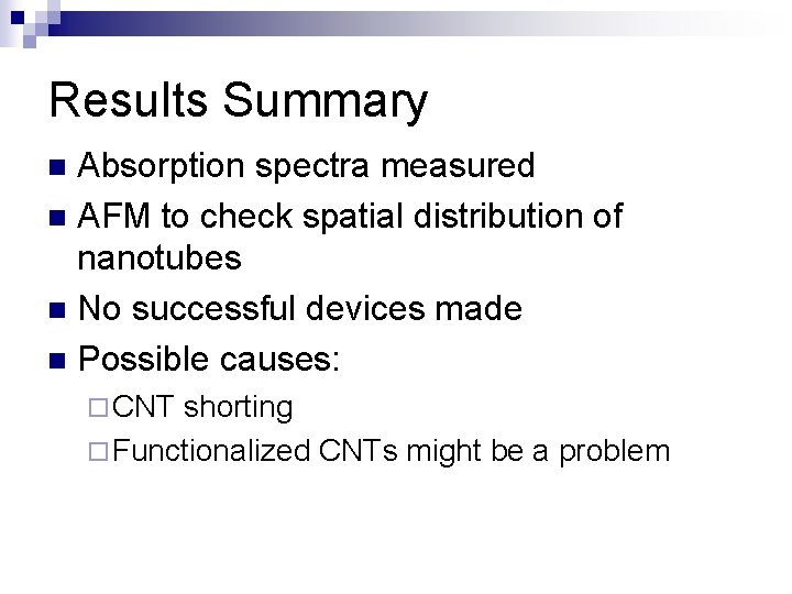 Results Summary Absorption spectra measured n AFM to check spatial distribution of nanotubes n
