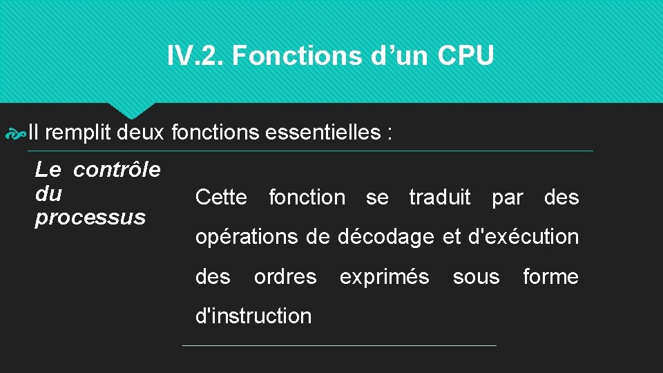 IV. 2. Fonctions d’un CPU Il remplit deux fonctions essentielles : Le contrôle du