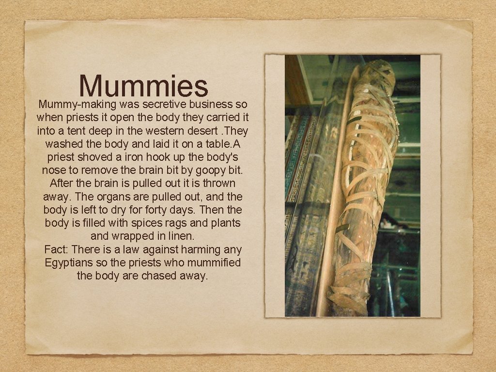 Mummies Mummy-making was secretive business so when priests it open the body they carried