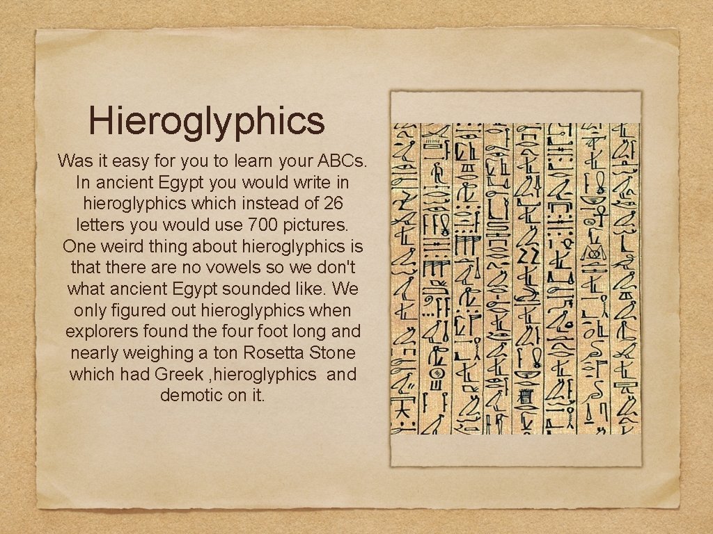 Hieroglyphics Was it easy for you to learn your ABCs. In ancient Egypt you