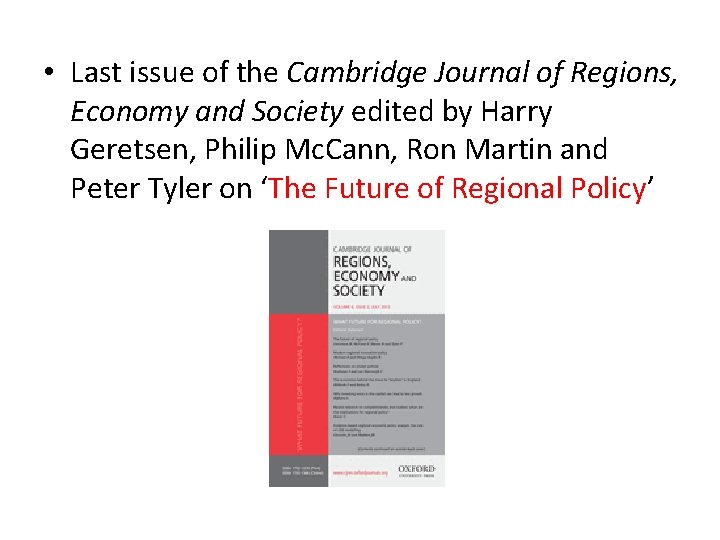  • Last issue of the Cambridge Journal of Regions, Economy and Society edited