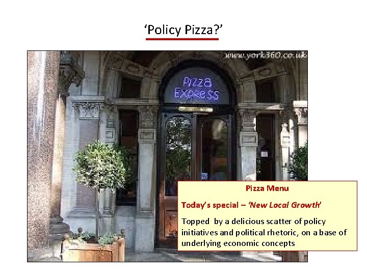 ‘Policy Pizza? ’ Pizza Menu Today’s special – ‘New Local Growth’ Topped by a