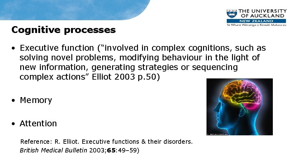 Cognitive processes • Executive function (“involved in complex cognitions, such as solving novel problems,