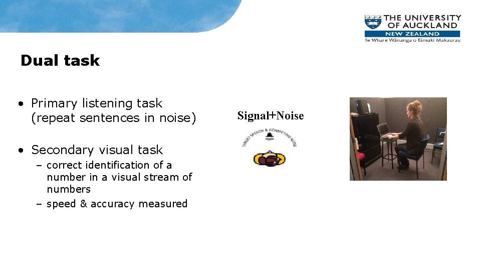 Dual task • Primary listening task (repeat sentences in noise) • Secondary visual task