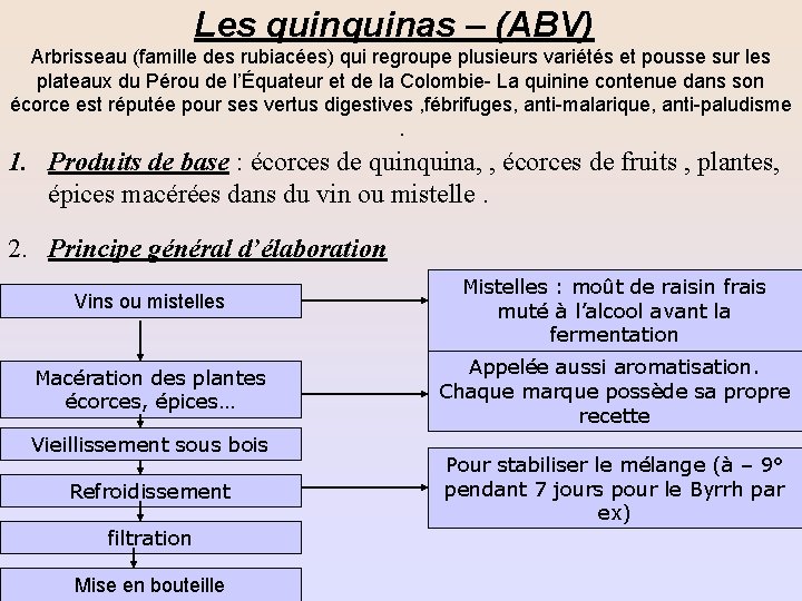 Les quinas – (ABV) Arbrisseau (famille des rubiacées) qui regroupe plusieurs variétés et pousse