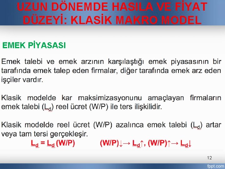 UZUN DÖNEMDE HASILA VE FİYAT DÜZEYİ: KLASİK MAKRO MODEL EMEK PİYASASI 12 