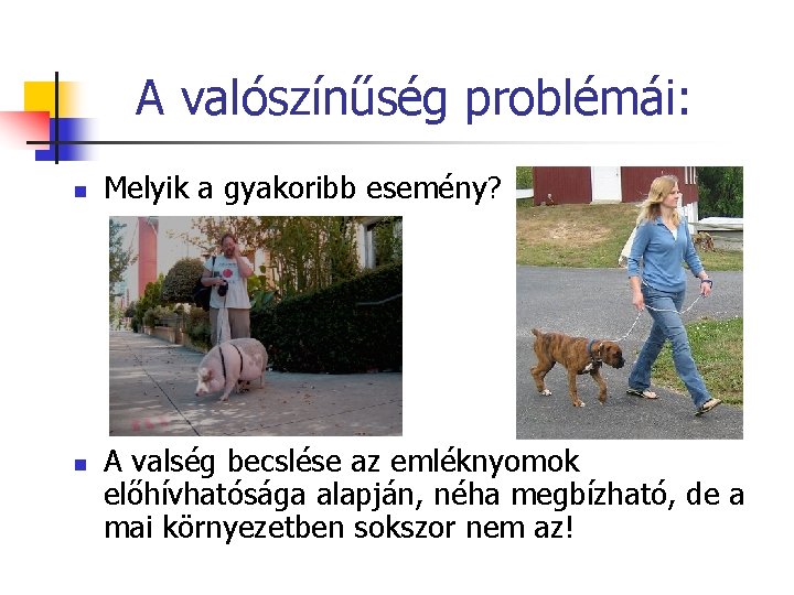 A valószínűség problémái: n n Melyik a gyakoribb esemény? A valség becslése az emléknyomok A valószínűség problémái: n n Melyik a gyakoribb esemény? A valség becslése az emléknyomok