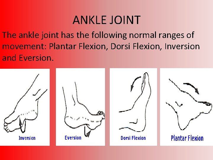 ANKLE JOINT The ankle joint has the following normal ranges of movement: Plantar Flexion,