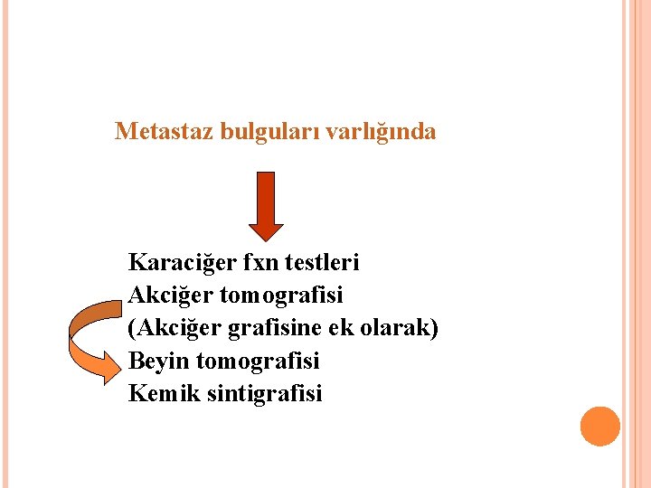 Metastaz bulguları varlığında Karaciğer fxn testleri Akciğer tomografisi (Akciğer grafisine ek olarak) Beyin tomografisi