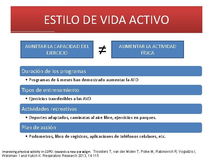 ESTILO DE VIDA ACTIVO AUNETAR LA CAPACIDAD DEL EJERCICIO ≠ AUMENTAR LA ACTIVIDAD FÍSICA